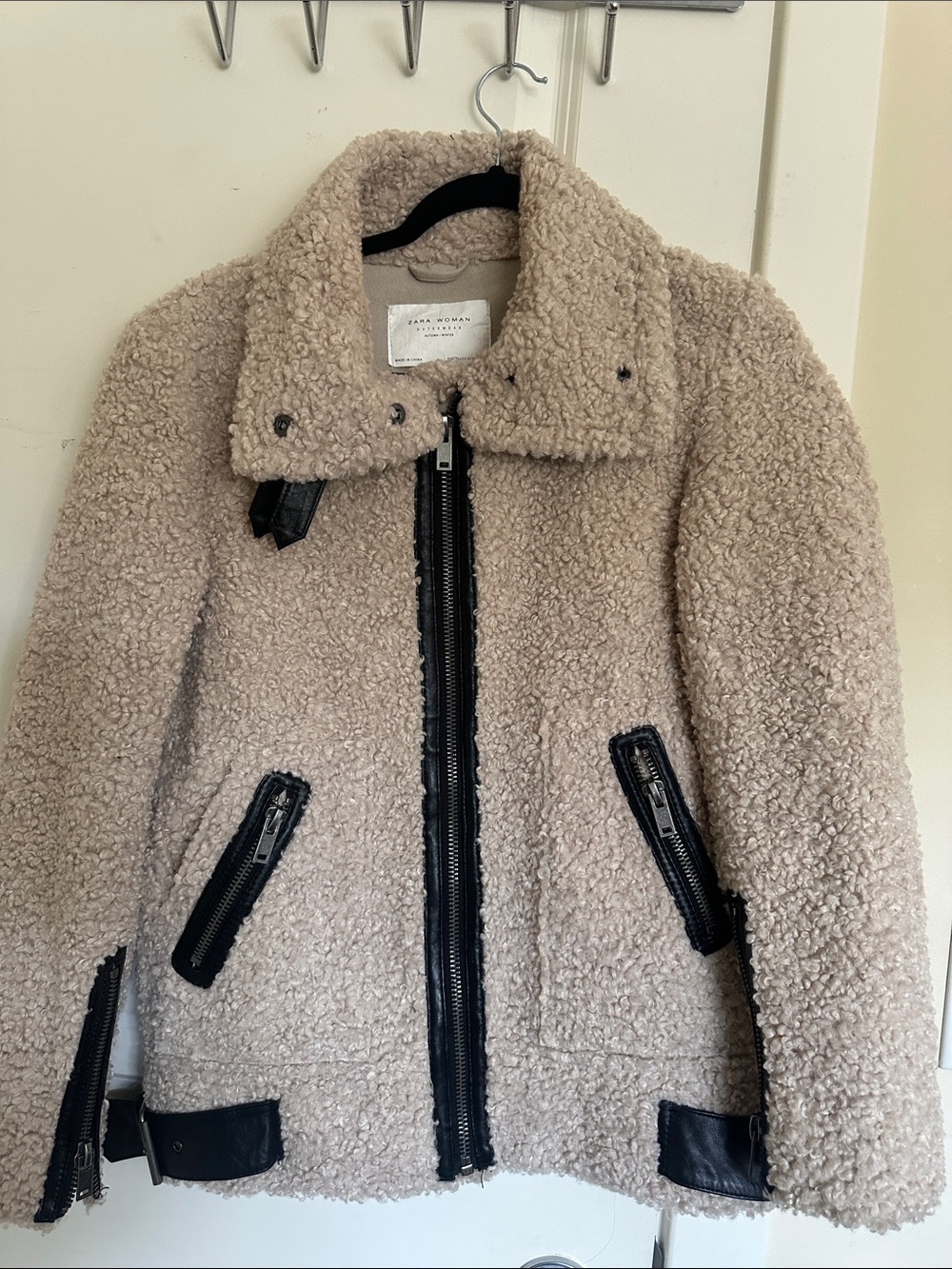 Zara Cream Teddy Faux Shearling Jacket with Black Trim